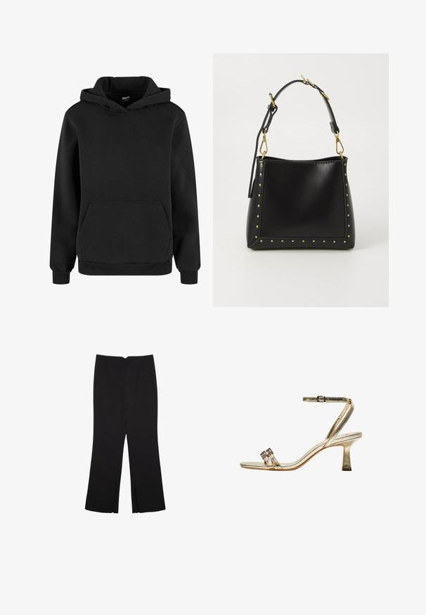Svart hoodie av mjukt tyg, med en känguruficka, ribbade ärmslut och huva med dragsko. Enkel, minimalistisk design.; Svarta byxor med rak passform, utrustade med framfickor och sidoklyvningar vid fållen. Tillverkade av mjukt, slätt tyg. Lämpliga för olika tillfällen.; Gyllene metallisk högklackad sandal med ankelrem, två smala framband och en klack av blocktyp. Har dekorativa utsmyckningar.; Svart läderhandväska med en strukturerad form, prydd med gyllene nitar längs kanterna och en avtagbar rem med gyllene detaljer.