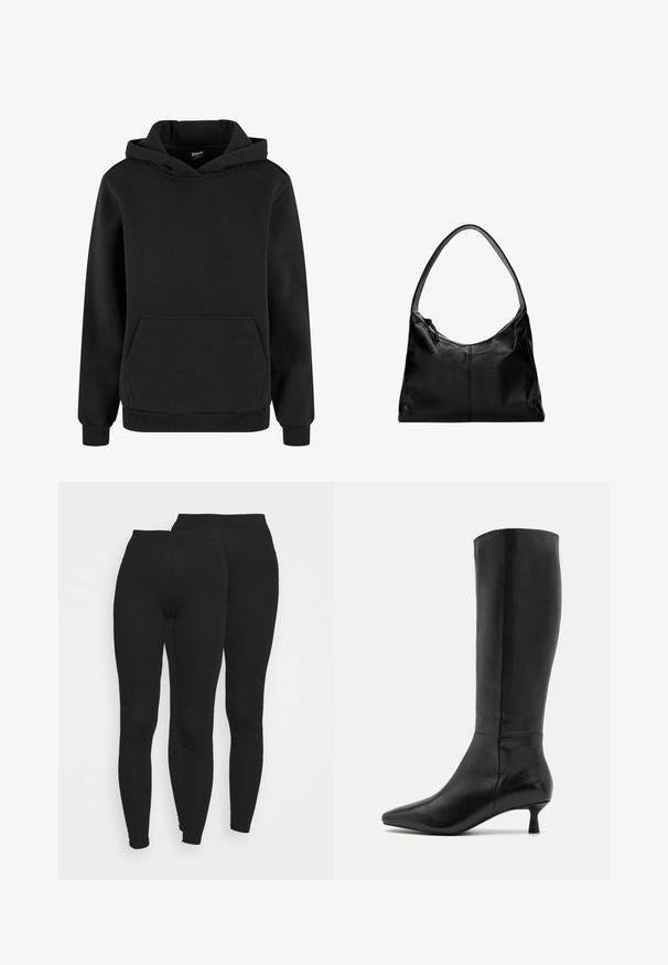 Černá mikina vyrobená z měkkého materiálu, s klokankovou kapsou, žebrovanými manžetami a kapucí na stažení. Jednoduchý, minimalistický design.; Černé legíny s elastickým pasem, vyrobené z hladké, elastické tkaniny. Mají přiléhavý střih, který se zužuje u kotníků.; Zign Vysoká obuv - black; Černá kožená kabelka na rameno s hladkým povrchem, zakřiveným vrškem a jedním popruhem. Disponuje zipovým zavíráním a minimalistickým designem.