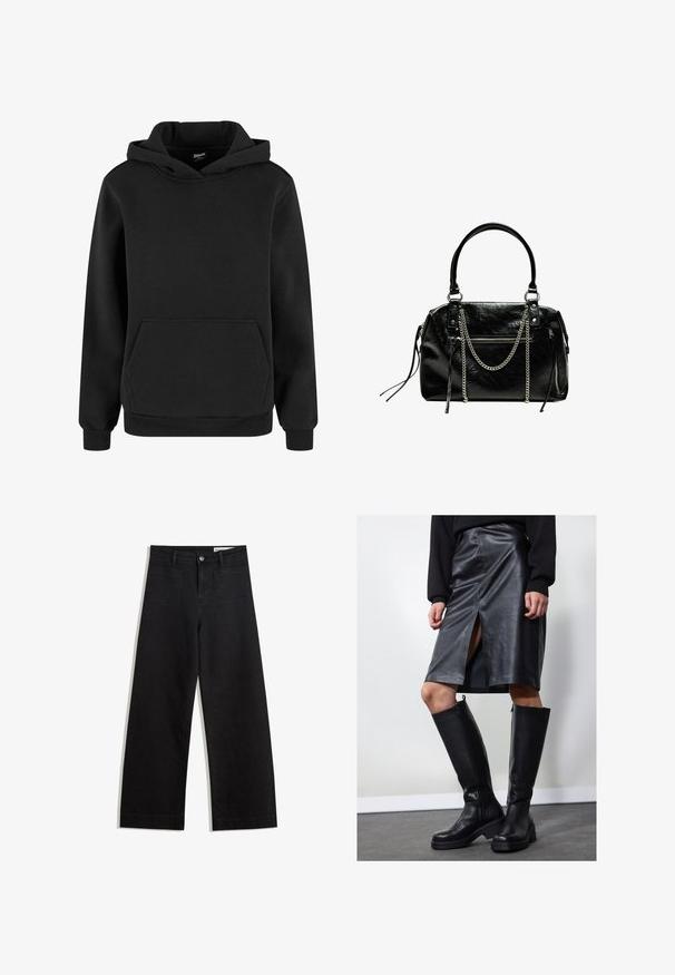 Puha anyagból készült fekete kapucnis pulóver, kenguruzsebb, bordás mandzsetták és húzózsinóros kapucni jellemzi. Egyszerű, minimalista dizájn.; Fekete, bő szabású farmernadrág magas derékkal, elülső és hátsó zsebekkel, varrott felületekkel és gombos záródással. Sima textúra.; Fekete bőr ceruzaszoknya, elülső hasítékkal, térd fölé érő fekete csizmával párosítva, amely cipzárral és vastag talppal rendelkezik a megnövelt magasság érdekében.; Bershka WITH CHAIN - Kézitáska - black