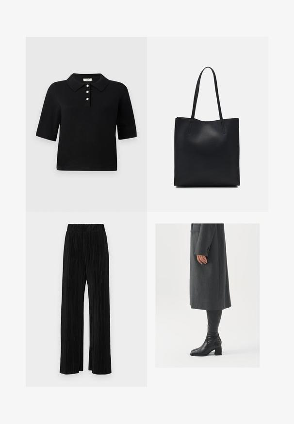 Suéter polo preto com mangas curtas, palas de três botões com detalhes em pérola e um colarinho clássico. Tecido de malha suave.; Calças pregueadas pretas com uma cintura elástica. Apresentam pernas largas e um tecido liso, texturizado com riscas verticais.; Casaco cinza, ajustado, com corte reto; combinado com botas de couro pretas até ao joelho, com biqueira quadrada e salto grosso.; Bolsa tote preta em couro com textura lisa, forma retangular e duas alças longas. Sem hardware ou enfeites visíveis.
