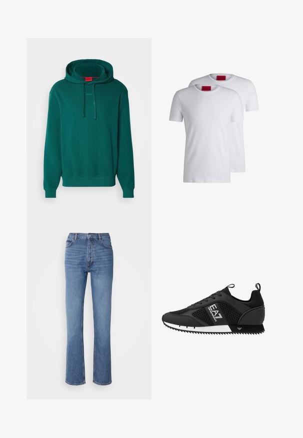 HUGO DAPO ciemnozielony; Dwie gładkie białe koszulki z okrągłym dekoltem, krótki rękaw, wykonane z bawełny, z czerwonym metkiem HUGO przy dekolcie. Bez wzorów ani grafik.; Niebieskie dżinsy o wysokim stanie, prostym kroju nogawek i subtelnych przetarciach. Posiadają klasyczny pięciopakowy styl oraz zamek błyskawiczny.; EA7 Emporio Armani BLACK&WHITE LACES czarny