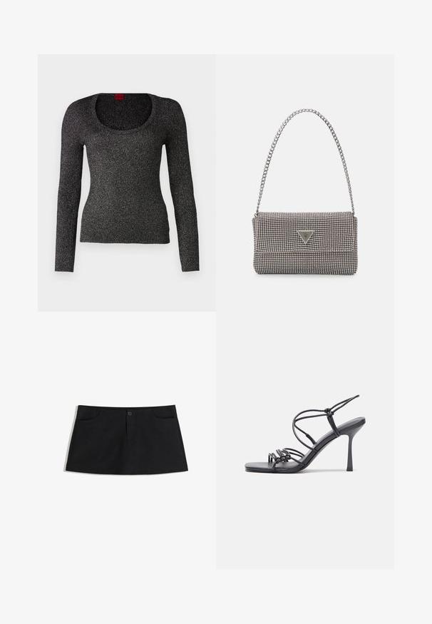 Fekete hosszú ujjú bordázott pulóver kerek kivágással. Csillogó textúra, könnyű anyagból készült. Címke látható a nyakrészén.; Fekete, térd fölé érő szoknya puha anyagból. Két elülső zsebe és egy gombos záródása van a deréknál.; Fekete magas sarkú szandálok vékony pántokkal, csomózott mintával, sima négyzetes orral és karcsú stiletto sarkal rendelkeznek.; Világosszürke fémes kézitáska lánc pánttal, kis kör alakú fém kifinomult díszítéssel és háromszög alakú márkagéppel.; Ezüst karika fülbevalók sima, fényes felülettel, ívelt formával és postazáras zárral. Minimalista, modern kivitel.
