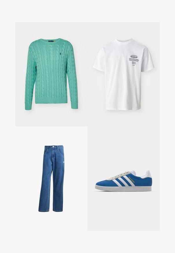 Mintgrønn strikket genser med en kabelstrikkedesign, rund hals og ribbestrikkede mansjetter og hekk. Liten logoaksecent på brystet.; Hvit bomulls t-skjorte med korte ermer, rund hals og et grafisk trykk som viser teksten "Carhartt WIP" og en matillustrasjon på brystet.; Blå høyhalsede vide denimjeans med frontlommer, belteholdere, knappelukking og liten Adidas-logo på høyre lår.; adidas Originals ADIDAS GAZELLE SHOES - Innendørsfotballsko - real madrid/bluebird/footwear white/crew yellow
