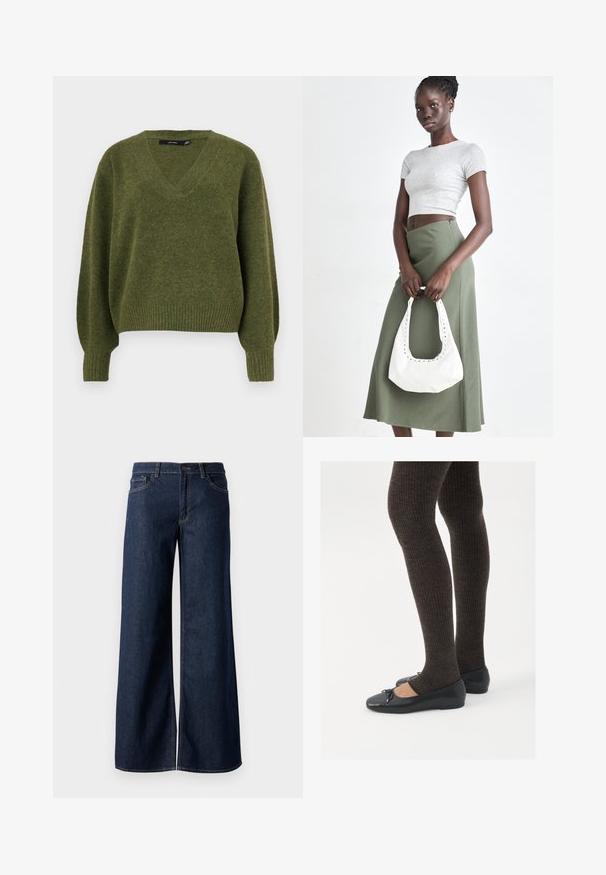 Vero Moda VMBOOM V NECK NOOS - Jumper - cypress; Wide-leg jeans in dark blue denim. Features contrast stitching, five pockets, and a button closure at the waist. Smooth texture.; Black flat shoes with a small bow detail at the toe, paired with dark brown ribbed tights. Shoes have a smooth texture and low profile.; Gray ribbed crop top and olive green high-waisted skirt. Model holds a white shoulder bag with cut-out detailing. Simple design, fitted silhouette.