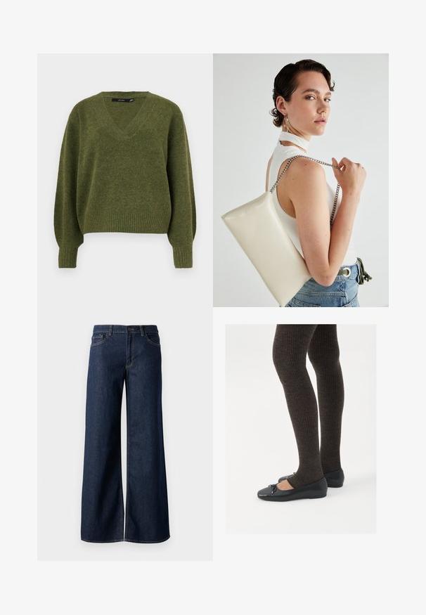 Vero Moda VMBOOM V NECK NOOS - Strickpullover - cypress; Weite Jeans in dunkelblauem Denim. Merkmale sind kontrastierende Nähte, fünf Taschen und ein Knopfverschluss an der Taille. Glatte Textur.; Schwarze flache Schuhe mit einem kleinen Schleifendetail an der Zehe, kombiniert mit dunkelbraunen gerippten Strumpfhosen. Die Schuhe haben eine glatte Textur und ein niedriges Profil.; Weiße rechteckige Clutch aus glänzendem Material mit einem silbernen Kettenriemen. Das Model posiert und präsentiert die Tasche vor einem schlichten Hintergrund.