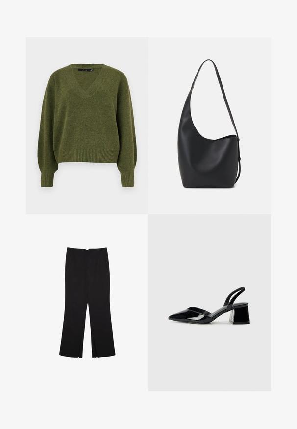 Vero Moda VMBOOM V NECK NOOS - Maglione - cypress; Pantaloni neri a gamba dritta, con tasche frontali e spacchi laterali all'orlo. Realizzati in tessuto morbido e liscio. Adatti a diverse occasioni.; Décolleté in vernice nera con punta affusolata e tacco in geometria cubica. Presentano un design elegante e minimalista, con una texture liscia.; Borsa hobo nera in pelle con una superficie liscia, forma curvata e una singola tracolla regolabile; presenta un'ampia apertura nella parte superiore.