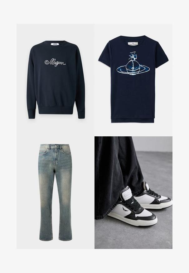 Námornícky sveter s okrúhlym výstrihom, dlhými rukávmi, rebrovanými manžetami a spodným lemom; na prednej strane má dekoratívny strieborný vyšívaný text.; Námornícky modré bavlnené tričko s bielou a svetlo modrou grafikou planéty s prstencom a dizajnom satelitu. Krátke rukávy a okrúhly výstrih.; Svetlo modré rifľové nohavice so strihaním rovného strihu, stredne vysokým pásom a jemným vyblednutím. Obsahuje klasický štýl vreciek a kontrastné stehy.; Čierno-biele vysoké tenisky so štruktúrovaným čiernym šnurovaním, vyrobené z kože a syntetického materiálu, s logom na boku.