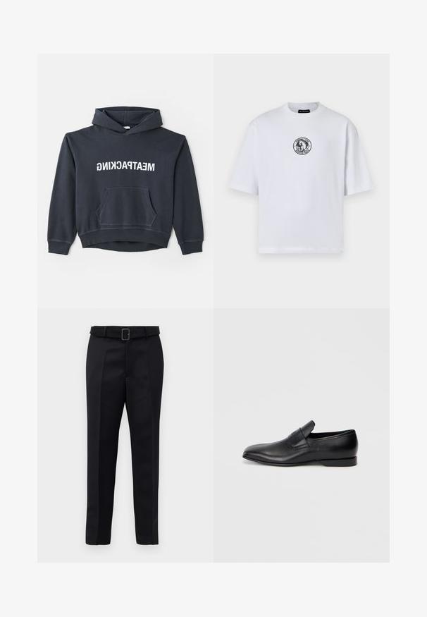 Helmut Lang MEATPACKING HOODIE - Mikina - ash; Bílá bavlněná tričko s krátkým rukávem, s kulatým černým grafickým logem na přední části. Design s kulatým výstřihem, volný střih.; Černé oblekové kalhoty mají hladkou tkaninu, rovný střih a pas s opaskem a obdélníkovou sponou. Výrazné přední záhyby zvýrazňují design.; Černá kožená slip-on obuv s špičatou špičkou, hladkou texturou a jemným logem na boku. Nízký podpatek s čistým, minimalistickým designem.