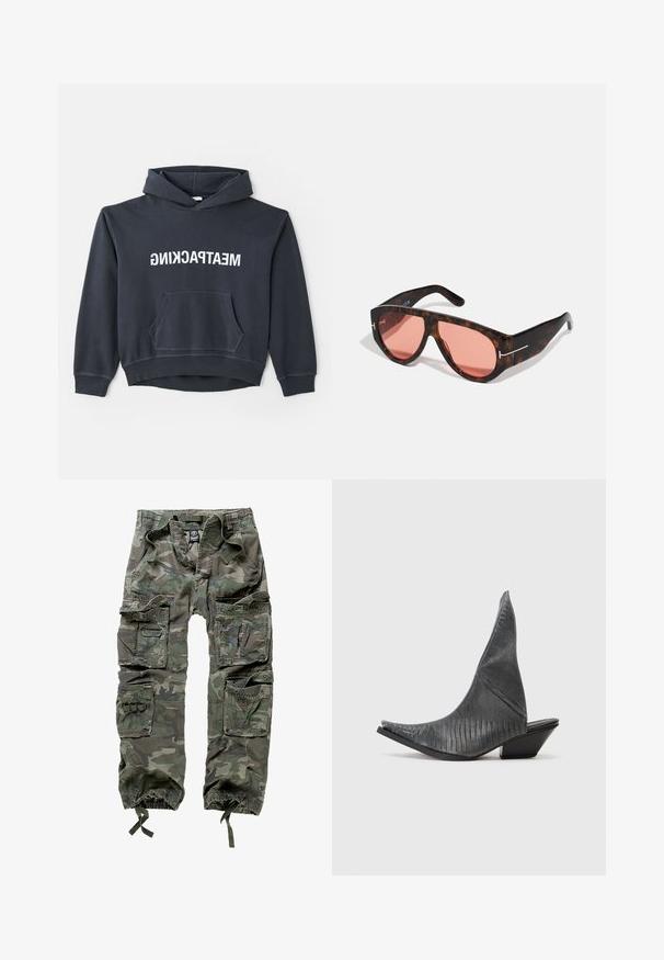 Helmut Lang - Bluza; Spodnie cargo w kamuflażu wykonane z bawełny, z licznymi kieszeniami, elastycznymi mankietami oraz luźnym krojem z paskiem ściągającym w pasie.; Czarne mules na obcasie z wydłużonym noskiem i fakturowanym wzorem przypominającym skórę węża. Oferują niski, trójkątny obcas oraz gładki, zaokrąglony fason cholewki.; Okulary przeciwsłoneczne w szkielecie w kształcie tortoise z różowymi soczewkami, charakteryzujące się odważnym, kątowym designem oraz cienkimi, srebrnymi akcentami na oprawkach.