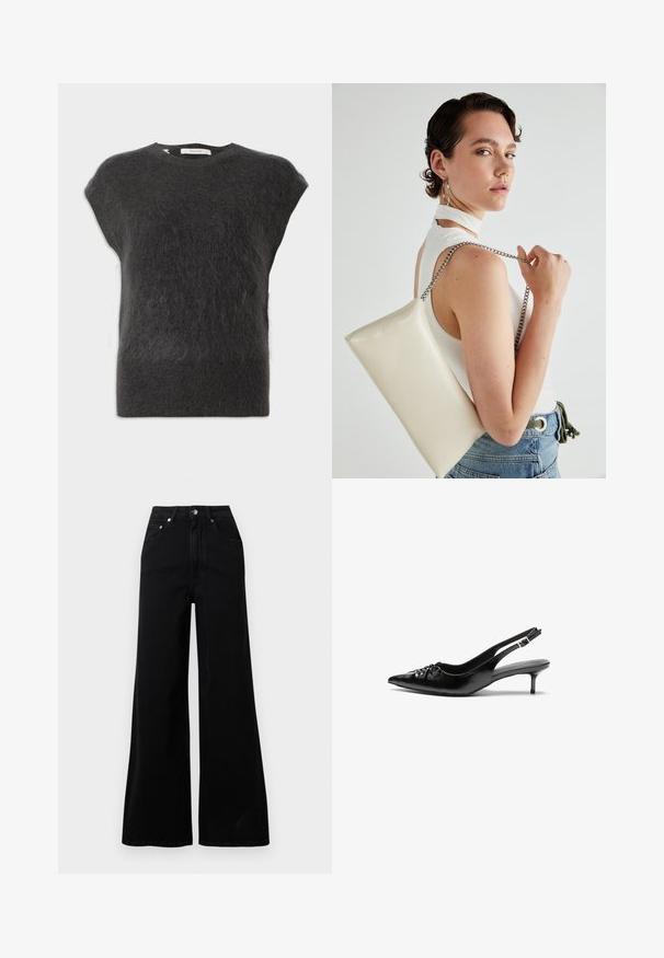Tumši pelēks, īsām piedurknēm džemperis, izgatavots no mīksta, pūkaina materiāla. Apaļš izgriezums ar minimālām šuvēm un brīvs piegriezums.; Melnas platas tiesas džinsi no džinsa auduma ar augstu jostasvietu, piecām kabatām, priekšpusē ar pogu aizdari un minimālu šuvju detaļām.; Melni ādas sandales ar norādītu pirkstu, mazu kaķa papēdi un dekoratīvu mezglu detaļu priekšā. Gluda tekstūra visā virsmā.; Balts taisnstūra clutch soma, izgatavota no spīdīga materiāla, ar sudraba ķēdes siksnu. Modelis pozē, demonstrējot somu uz vienkārša fona.