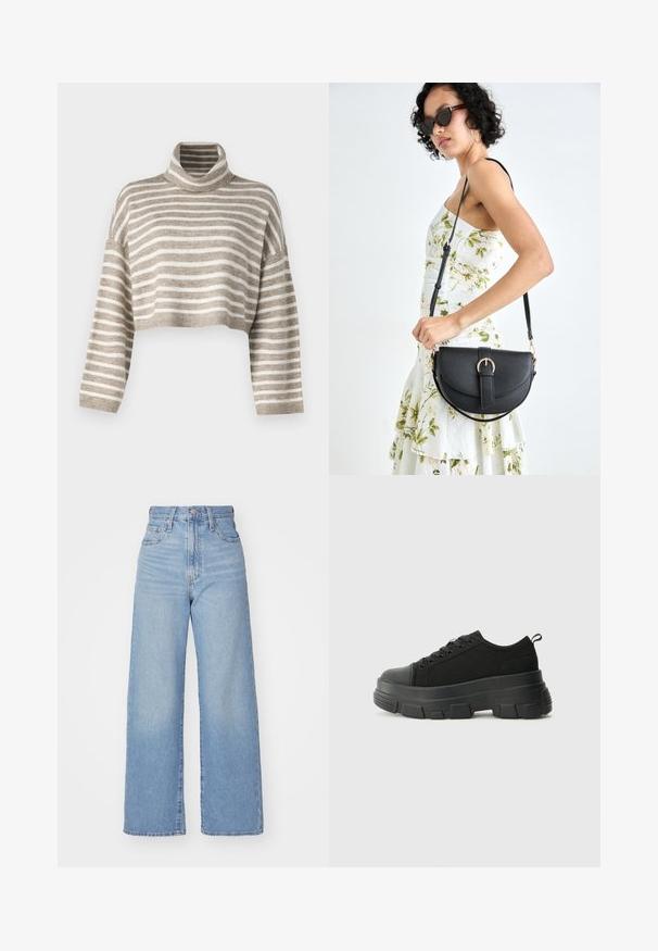 Cropped turtleneck sweater in light brown and cream stripes. Made of soft material, featuring wide sleeves and ribbed cuffs.; Light blue high-waist wide-leg jeans with front button and zip closure, front and back pockets, on a white background.; Black sneakers with a chunky rubber sole, textured fabric upper, round toe, and lace-up design. Features reinforced eyelets and back pull tab.; Black leather handbag with a curved shape, detachable strap, and gold hardware. The bag features a flap with a buckle detail.