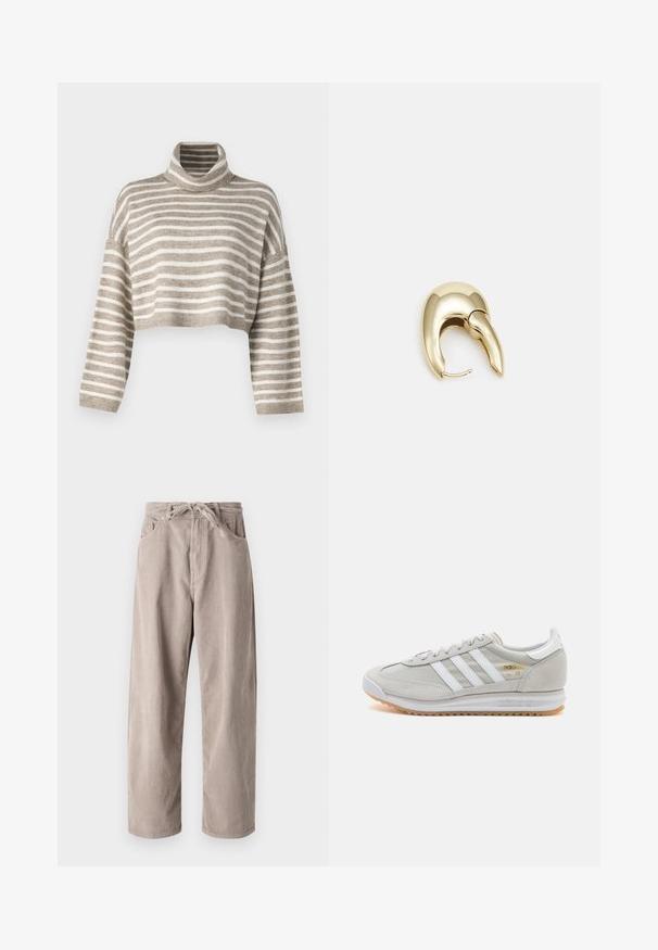 Lyhyttyynyt kauluspaita vaaleanruskeilla ja vaaleilla raitaeilla. Valmistettu pehmeästä materiaalista, leveillä hihoilla ja ribbikuvioiduilla hihansuilla.; Beige corduroy-housut, joissa on löysä malli, piilovetoketjulla, kaksi etutaskua ja pystyribbattu pinta.; Vaaleanharmaat sneakerit, jotka on valmistettu mokasta ja verkosta, sisältäen kolme valkoista raitaa, pyöreän kärjen ja kumisen pohjan. Kultainen logo yksityiskohta nauhojen läheisyydessä.; Kultahipuinen korvakoru, jossa on sulavalinjainen, kaareva muotoilu. Ominaisuuksiin kuuluu erottuva terävä muoto, kiillotettu pinta ja sarana kiinnitys.