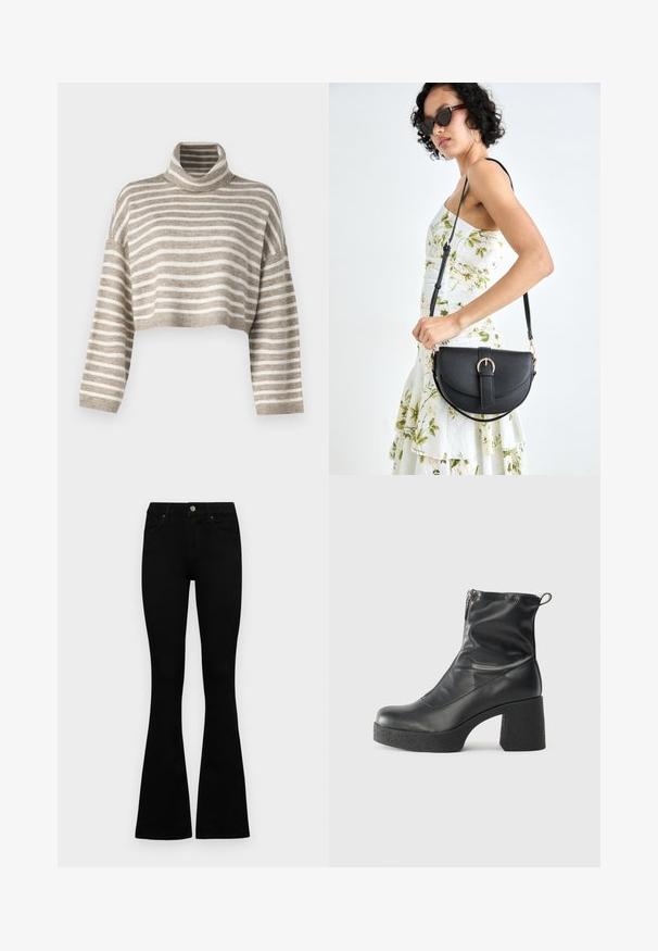 Pull à col roulé cintré en rayures marron clair et crème. Fabriqué dans un matériau doux, avec des manches larges et des poignets côtelés.; Jean noir taille haute avec fermeture à bouton et à zip, poches avant et jambes évasées, posés à plat sur un fond blanc.; Bottes noires à la cheville en cuir lisse, dotées d'une fermeture éclair sur le côté, d'un talon épais texturé et d'une conception à bout rond.; Sac à main en cuir noir avec une forme courbée, bandoulière amovible et des accessoires en or. Le sac est doté d'un rabat avec un détail de boucle.