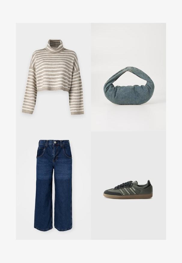 Beskarvet genser med høy hals i lysebrun og kremfargede striper. Laget av mykt materiale, med vide ermer og ribbestrikkede mansjetter.; Bredde ben mørkeblå jeans laget av denim. Har fem lommer, knappelukking og synlig søm med en lett falmet tekstur.; adidas Originals SAMBA OG - Joggesko - core black/legend earth/gum; Blå denimveske med en polstret, rund form og et buet håndtak. Teksturen er myk, med synlige sømmer og en jevn overflate.