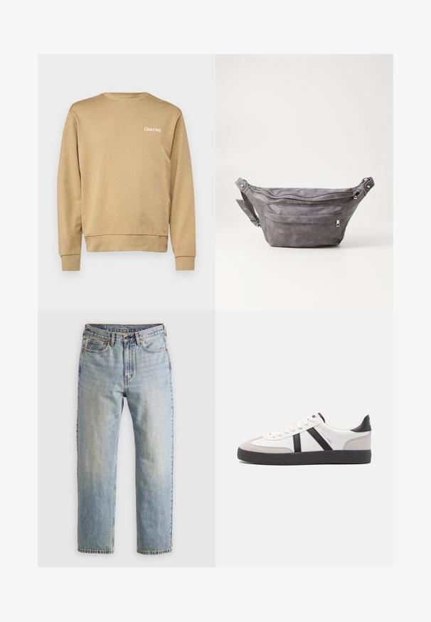 Bež dukserica s rebrastim okovratnikom i manžetama, koja na lijevoj strani prsnog područja sadrži suptilan tekst "Club1990" u bijeloj boji. Glatka tekstura.; Svijetloplave traperice visoki struk, prednji gumb, zatvarač i dizajn s pet džepova, položene ravno na neutralnoj pozadini.; Bijele tenisice s crnim i sivim detaljima, s teksturiranim sivim zaštitnikom prstiju, crnim gumene potplate i ravnim bijelim vezicama. Čist dizajn, minimalistički stil.; Siva zamšasta torbica preko struka sa zaobljenim oblikom, dva zip zatvorena odjeljka i podesivim remenom. Sadrži metalne naglaske.