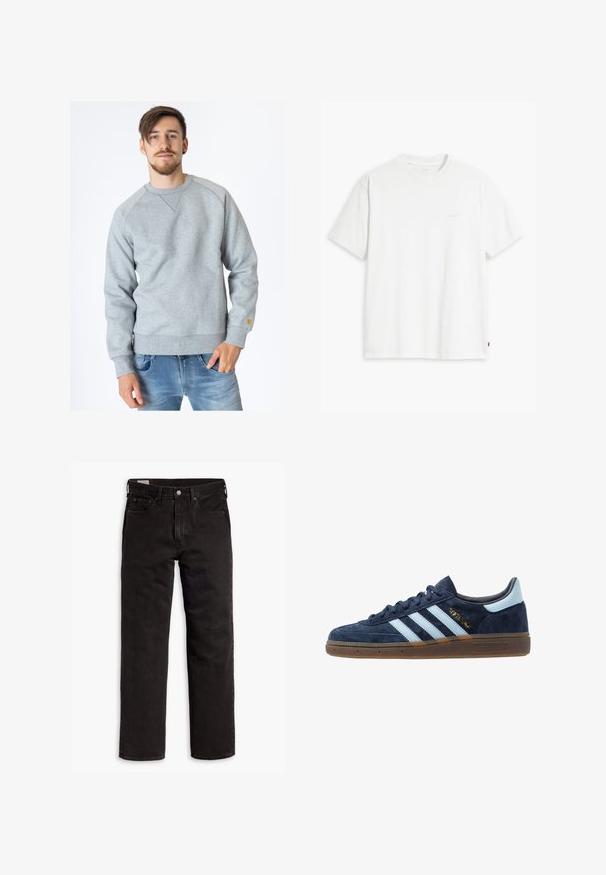 Carhartt WIP CHASE - Športni pulover - ash heather; Bela bombažna majica s kratkimi rokavi, okroglim ovratnikom in subtilnim logotipom Levi's, natisnjenim na sredini. Mehak material in standardna oblika.; Črne kavbojke ravnega kroja z žepi, gumbnim zapiranjem in zankami za pas, ležijo položene na belem ozadju.; Mornarsko modri velur Adidas športni copati z svetlo modrimi črtami, gumijastim podplatom, svetlo modrim petnim jezičkom in zlatim oznako "Spezial" na strani.