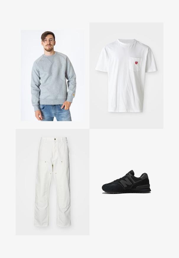 Carhartt WIP CHASE - Sweater - ash heather; Witte katoenen T-shirt met een ronde hals en korte mouwen. Bevat een klein rood hartlogo op de linkerkant van de borstzak.; Witte katoenen cargobroeken met een relaxte pasvorm. Kenmerken zijn onder andere voorzakken, gouden hardware accenten en versterkte kniezones.; Zwarte sneaker met een bovenwerk van suede en mesh, een dikke zool en een opvallend 'N'-logo op de zijkant. Heeft een gestructureerd ontwerp met veter sluiting.