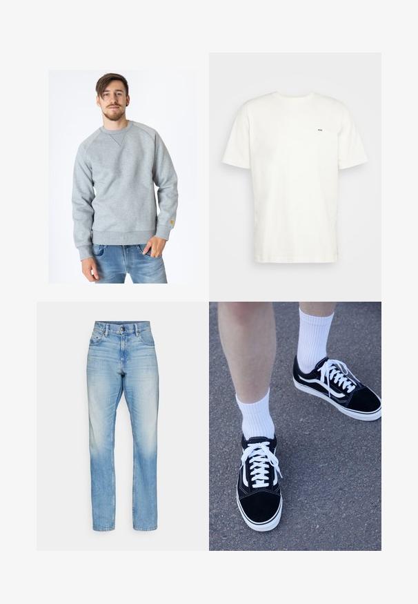 Carhartt WIP CHASE - Sweatshirt - ash heather; White cotton t-shirt with crew neckline, short sleeves, and a small black "W.W." logo on the left chest. Smooth texture, regular fit.; Light blue high-waisted jeans with a straight-leg cut. Features classic button and zipper closure, five pockets, and fading details.; Black suede sneakers with white accents and laces, paired with white ribbed crew socks, positioned on a textured gray surface.