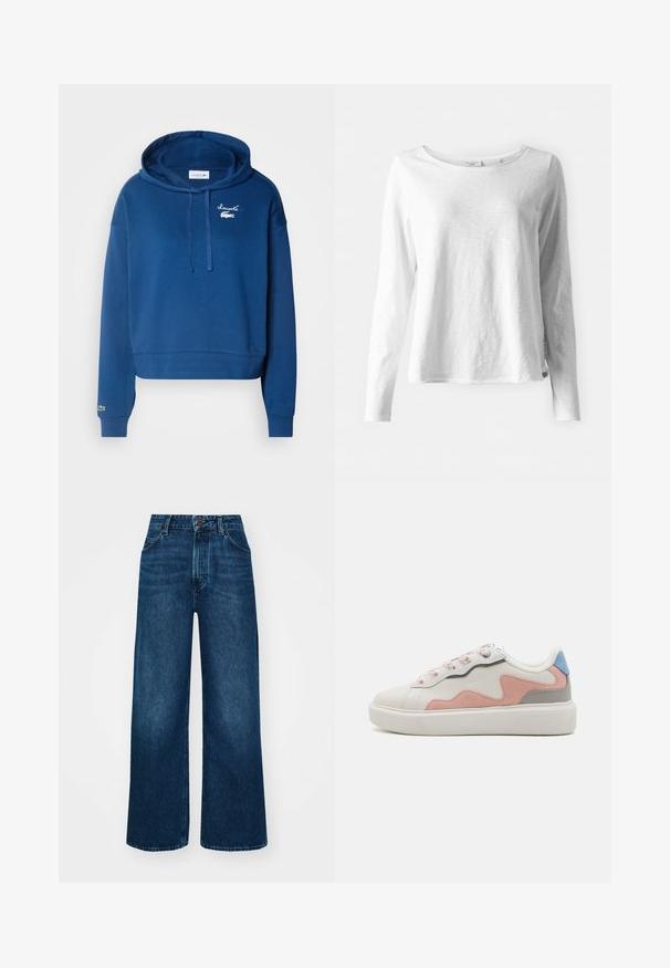 Hanorac scurt de culoare albastru marin, din bumbac, cu o buzunar tip cangur, glugă cu șnur și logo brodat pe piept și pe mânecă.; Tricou alb cu mânecă lungă dintr-un material moale și ușor; are un guler rotund și o croială ușor relaxată; eticheta este vizibilă pe lateral.; Jeans cu talie înaltă și picioare largi, din denim albastru închis, cu o textură netedă, cusături în contrast și design cu cinci buzunare. Închidere frontală cu nasture.; Tenisi joși cu un upper sintetic alb, accente de suede roz și gri, talpă din cauciuc alb texturat și șireturi colorate.