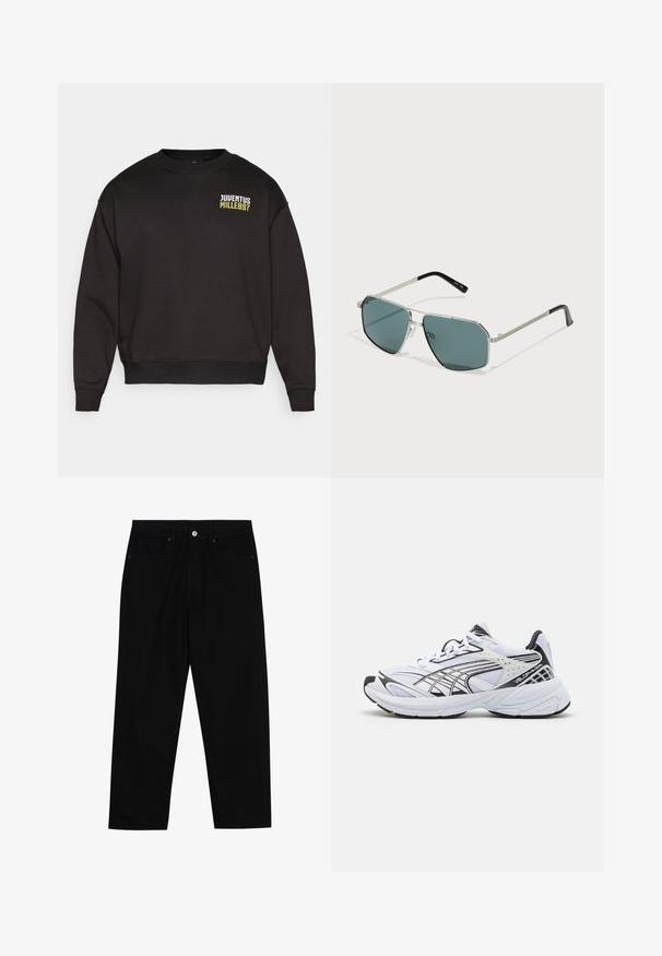 Hanorac negru dintr-un amestec de bumbac. Are manșete și tiv ribelate, iar pe piept este imprimat "JUVENTUS MILLE897" în alb și galben.; Pantaloni negri din denim cu croială dreaptă, design cu cinci buzunare și închidere frontală cu nasture. Textură netedă cu detalii de cusătură minime.; Șapcă albă de sport cu accente negre. Suport din plasă și sintetic, talpă groasă și design curbat. Prezintă un sistem de șireturi în față și detalii cu logo.; Ochelari de soare cu ramă metalică, lentile hexagonale, nuanță verde închis, accente argintii și brațe negre. Detalii texturate pe ramă.