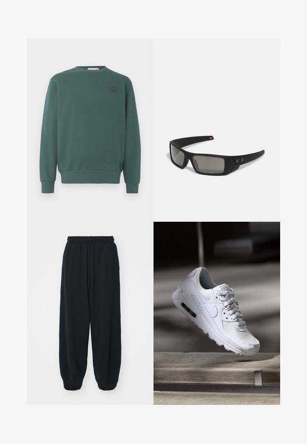 Zelená mikina vyrobená z mäkkej textílie, s okrúhlym výstrihom, dlhými rukávmi, rebrovanými manžetami a spodným lemom, a hnedou nášivkou loga na prednej strane.; Čierne tepláky s elastickým pásom, vo voľnom strihu, s manžetami na členkoch, hladkej textúry a bez viditeľných vzorov alebo kovových doplnkov.; Biele tenisky Nike Air Max 90 s vrchnou časťou z kože a sieťoviny, perforovanou špičkou a viditeľnou vzduchovou jednotkou v päte.; Čierne slnečné okuliare s matným povrchom, obdĺžnikové šošovky, mierna krivka na straničkách, nenápadný detail loga a šošovky so zafírovaným tónovaním.
