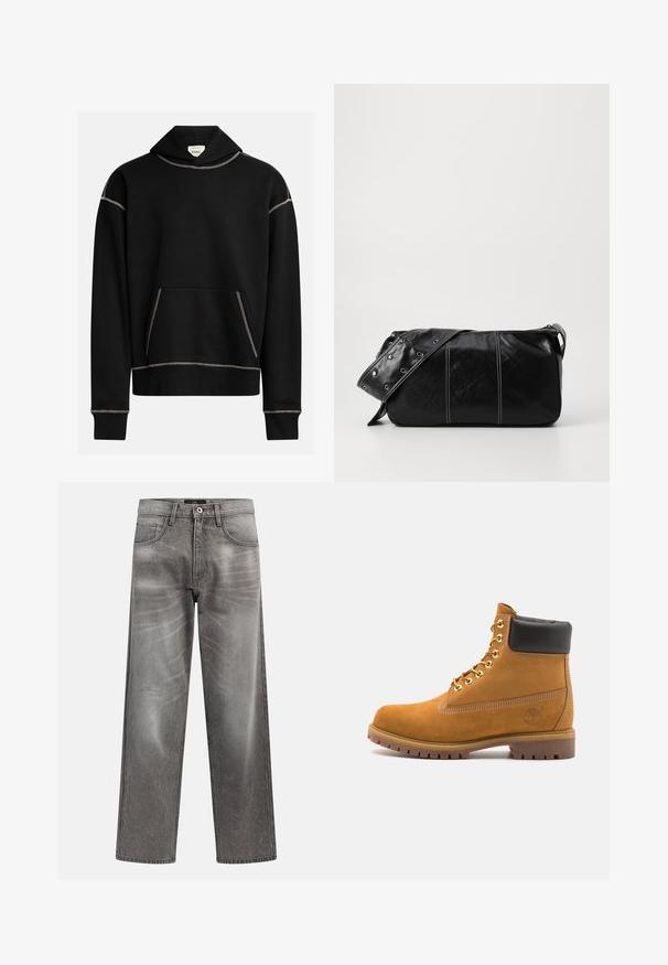 Sort hoodie med synlig hvid syning, frontlomme i kangaroo-stil og et mærke inde i hætten med teksten "REBEL."; Grå denim vidde-ben jeans med et falmet look, klassisk design med fem lommer og lukning med metalknap. Tekstureret stof med subtile sliddetaljer.; Tan nubuck ankelstøvle med sort polstret krave, gyldne metaløjer, hvid syning detaljer og robust gummisål med udtalte slidbaner.; Sort læder skuldertaske med lynlås, der har en tekstureret overflade, hvid syning og en rem med sølvøskner.