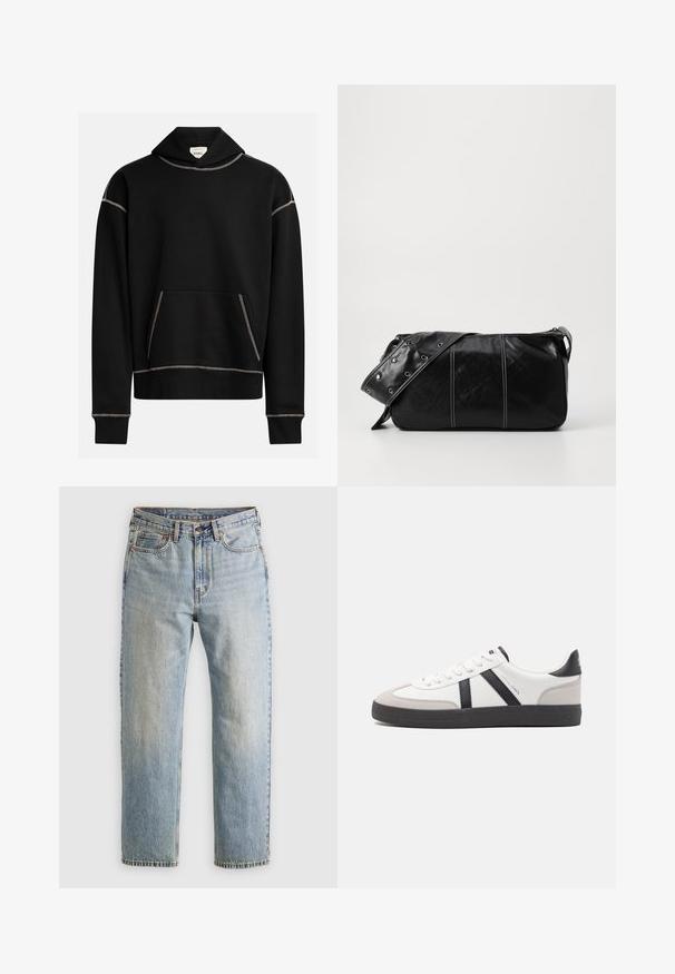 Zwarte hoodie met zichtbare witte stiksels, voorzijde met kangoeroezak en een label binnenin de capuchon met de tekst "REBEL."; Lichtblauwe denim jeans met hoge taille, frontknop, rits en vijfzakkenontwerp, plat gelegd op een neutrale achtergrond.; Witte sneaker met zwarte en grijze accenten, voorzien van een grijze neus met textuur, zwarte rubberen zool en platte witte veters. Schoon ontwerp, minimalistische stijl.; Zwarte leren schoudertas met een ritsluiting, voorzien van een gestructureerd lichaam, witte stiksels en een band met zilveren oogjes.