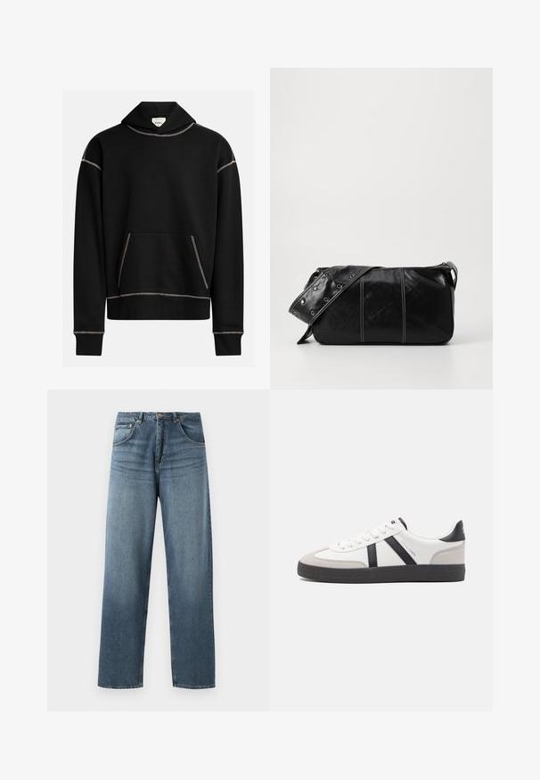 Musternöör musta kapuutsiga, millel on nähtavad valged õmblused, ees känguru tasku ja sildike kapuutsi sees, millel on kiri "REBEL".; Sirged sinise denimist teksad sirgjoonesega, heledama pesuga, viie tasku disainiga, metallnööpide ja vöörihmadega. Kindel, keskmise raskusega kangas.; Valged tossud mustade ja hallide aktsentidega, tekstureeritud halli varbakattega, musta kummitald ja lamedad valged paelad. Puhtad jooned, minimalistlik stiil.; Must mustra nahkainine õlakott, millel on tõmblukk, tekstureeritud pind, valged õmblused ja rihm hõbedaste rõngastega.