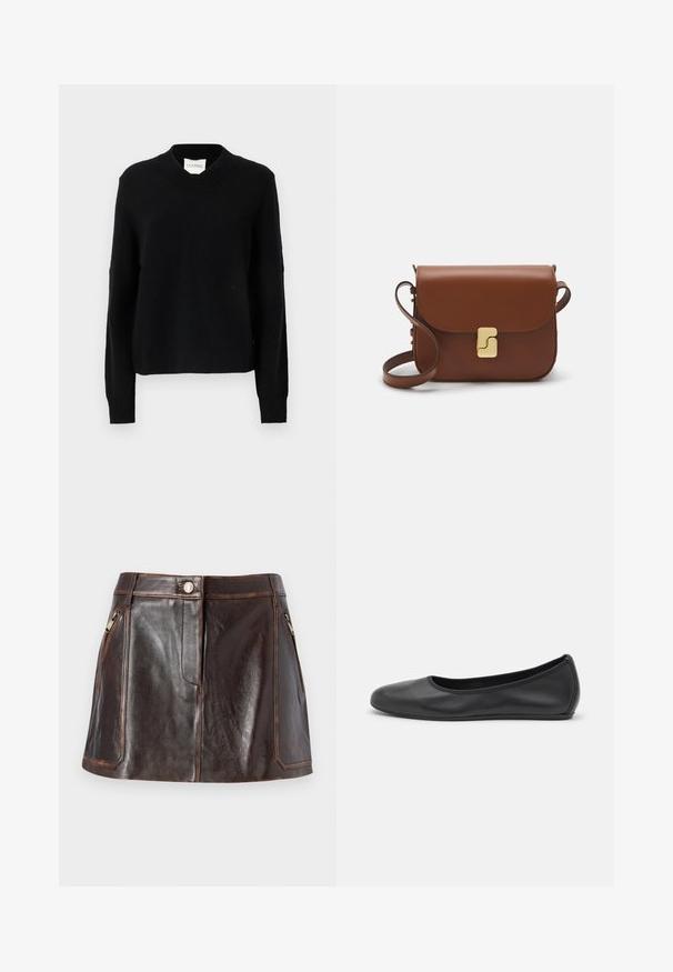 Schwarzer V-Ausschnitt-Pullover aus strukturiertem Strickstoff, mit langen Ärmeln und gerippten Bündchen, in entspannter Silhouette und Logopatch am Ausschnitt.; Weißes Langarmhemd aus glattem Stoff, mit einem Kragen und einer Knopfleiste mit hellrosa Knöpfen.; Brauner Leder-Minirock mit einem eleganten Design, zwei mit Reißverschluss versehenen Seitentaschen und kontrastierenden Nähten entlang der Kanten.; Schwarze Leder-Ballettschuhe mit abgerundeter Spitze, glatter Textur, minimalen Nähdetails und einem flexiblen Sohlen-Design.; Braune Ledertasche mit Klappenverschluss, Beschlägen in Goldfarbe, einem Schultergurt und einer glatten Oberfläche. Kompakte rechteckige Form.
