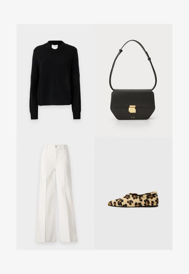 Juodas V formos megztinis, pagamintas iš tekstūruoto mezgimo audinio, su ilgomis rankovėmis ir įribotais manžetais, turintis laisvą siluetą ir logotipo etiketę kakle.; Balti platūs baltos spalvos keliai, pagaminti iš medvilnės su lygiu paviršiumi. Yra priekinis mygtukas, užtrauktukas ir keturi kišenės.; Leopardo rašto plokšti batai, pagaminti iš minkštos odos, su smailiu priekiu ir žemu profiliu. Natūralios spalvos su juodais akcentais.; CLOSED CLOSED ONE - Rankinė per petį - black