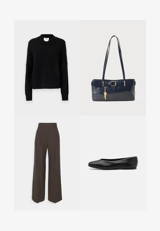 Musta v-pääntie villapaita, joka on valmistettu teksturoidusta neuleesta. Siinä on pitkät hihat ja ribbaat hihansuut, sekä rento leikkaus ja logotunnus kaula-aukon sisäpuolella.; Tummanruskeat leveälahkeiset housut korkealla vyötäröllä, joissa on siistit prässäykset, sileä pinta ja muotoonommeltu istuvuus.; Paul Smith TOPANGA - Ballerinat - black; La handbagin sininen nahka, jossa on kaksi pitkää kahvaa, Buckle-yksityiskohta ja avaimenperä kiinnitettynä. Sen pinta on sileä ja muoto on suorakulmainen.