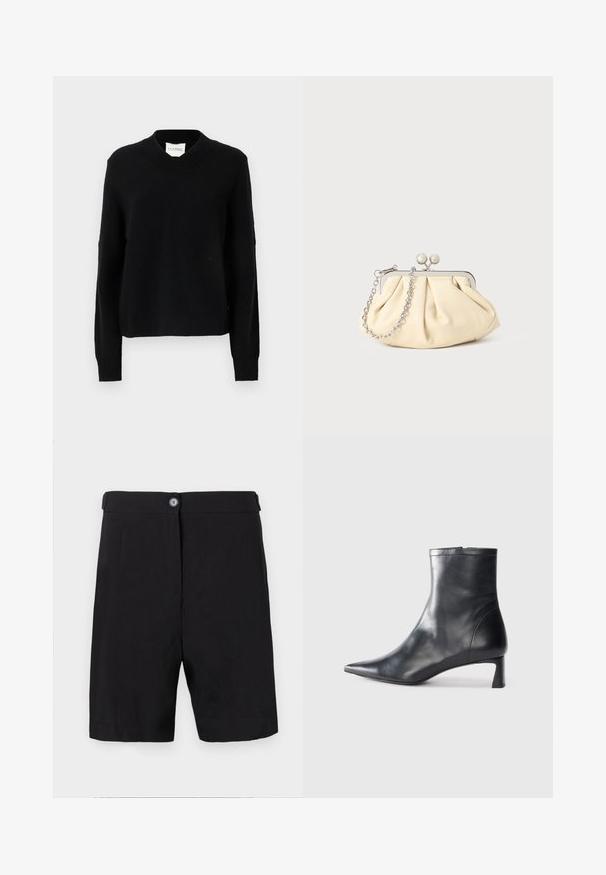 Czarny sweter w dekolcie w kształcie litery V wykonany z teksturowanej dzianiny, z długimi rękawami i ściągaczami, o luźnym kroju i metką z logo w dekolcie.; Czarne szorty wykonane z lekkiego materiału, dopasowany fason z zapięciem na guziki z przodu, płaski pas i proste nogawki.; Czarne skórzane botki sięgające kostki z ostrym noskiem i eleganckim designem. Posiadają niski obcas oraz zamek błyskawiczny z tyłu. Gładka faktura.; Złożona beżowa skórzana kopertówka z srebrną metalową ramą, z dwoma okrągłymi dekoracyjnymi zapięciami i srebrnym łańcuszkiem.