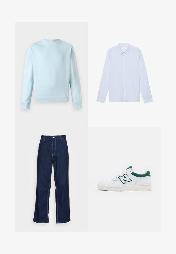 Sudadera de color azul claro, fabricada en suave algodón, con un cuello redondo, puños acanalados y un pequeño logo sutil bordado en la parte delantera.; Camisa de botones de manga larga a rayas azul claro. Con un cuello tradicional, botones blancos y una suave mezcla de algodón.; Pantalones de mezclilla azul oscuro de pierna ancha, con una cintura alta, bolsillos frontales y costuras en blanco que contrastan a lo largo de las costuras.; Zapatilla blanca con acentos verdes, parte superior de cuero, puntera perforada, cierre de cordones y suela de goma texturizada. Presenta un destacado logo "N".
