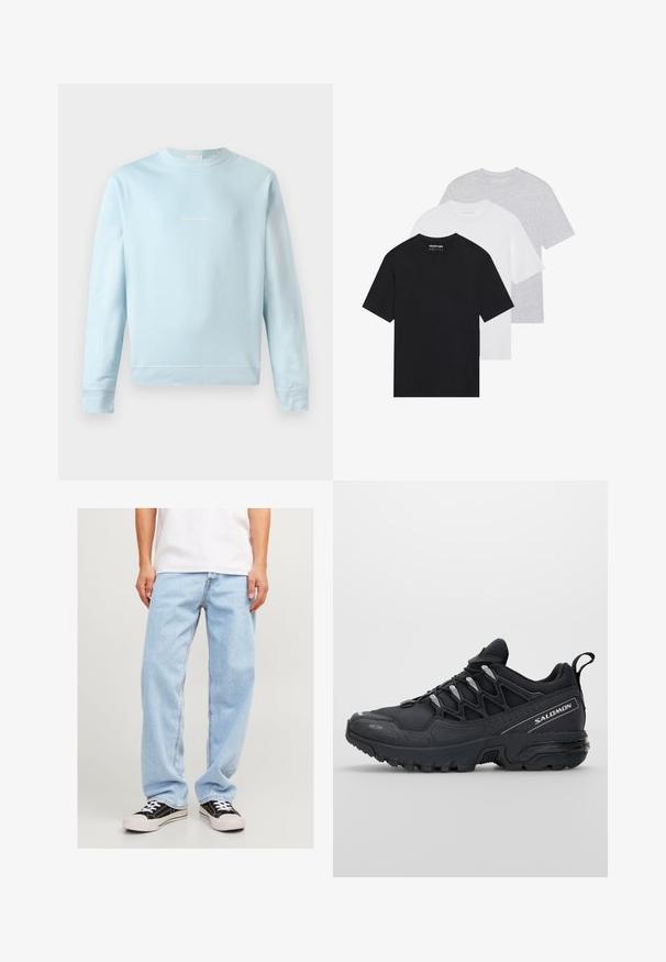 Šviesiai mėlynas džemperis, pagamintas iš minkštos medvilnės, turintis apvalią iškirptę, supjaustytus manžetus ir mažą, subtiliai siuvinėtą logotipą priekyje.; Trys paprastos marškinėlių rinkinys juodos, baltos ir šviesiai pilkos spalvos. Trumpomis rankovėmis, apvaliu kaklu, pagaminti iš lygaus medvilninio audinio. Matomas prekės ženklas.; Šviesiai mėlynos denim kelnės su laisvu siluetu, su tiesių kojų dizainu ir standartinėmis siūlėmis, derinamos su juodais sportiniais bateliais.; Juodi sportiniai bateliai su tinklelio viršumi, guminėmis išorinėmis dalimis ir atspindinčiomis detalėmis. Savybės: paminkštinta pado konstrukcija ir raištelių užsegimo dizainas.