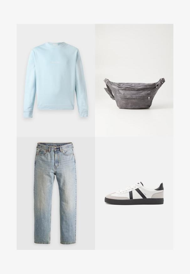 Light blue sweatshirt made of soft cotton, featuring a crew neckline, ribbed cuffs, and a small, subtle logo stitched on the front.; Light blue denim jeans with high waist, front button, zipper, and five-pocket design, laid flat on a neutral background.; White sneaker with black and gray accents, featuring a textured gray toe cap, black rubber sole, and flat white laces. Clean design, minimalist style.; Gray suede fanny pack with a rounded shape, two zippered compartments, and adjustable strap. Features metal hardware accents.