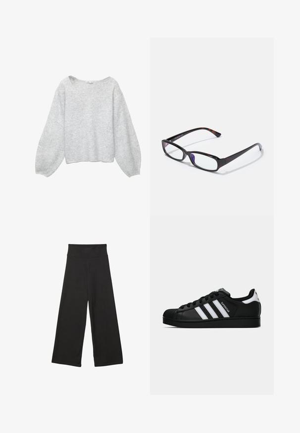 Svetlo šedý, voľný sveter z jemného materiálu, s výstrihom do V, širokými rukávmi a skráteným lemom.; Čierne nohavice s širokými nohavicami a vysokým elastickým pásom, vyrobené z mäkkého materiálu s voľným strihom, vhodné na neformálne nosenie alebo relaxačné prostredie.; Čierne tenisky Adidas Superstar s bielymi pruhmi, špičkou v tvare mušle a textom "Superstar" na boku, zobrazené v bočnom profilu na bielom pozadí.; Obdĺžnikové okuliare s korytnačkovým vzorom, čierny plastový rám a priehľadné šošovky. Vlastnosti tenkých spôn a mierny ohyb na koncoch.