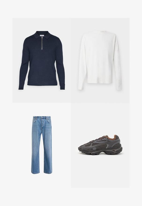Dunkelblaues Langarm-Polo-Shirt mit einem Reißverschlusskragen, aus einem strukturierten Strickstoff gefertigt. Verfügt über einen geraden Saum und schmal geschnittene Ärmel.; Langärmliges weißes Baumwollhemd mit rundem Ausschnitt, seitlichen Schlitzen am unteren Rand und glatter Textur, von hinten präsentiert.; Helle blaue Jeans im Geradeschnitt-Design, mit fünf Taschen, Knopfverschluss, minimaler Ausbleichung und kontrastierenden Nähdetails.; Lacoste Sneaker in Dunkelgrau aus Mesh und Synthetikmaterial, mit einer strukturierten Sohle und braunen Akzenten am Kragen und Logo.