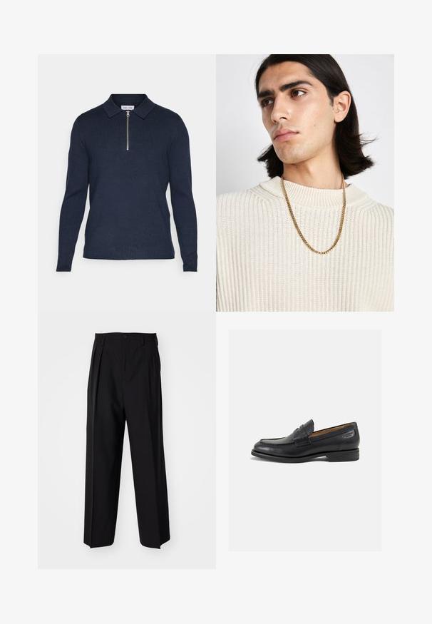 Námornícky modré polo tričko s dlhými rukávmi a zipsom pri golieri, vyrobené z textúrovanej pleteniny. Má rovný spodný lem a priliehavé rukávy.; Čierne skladané nohavice s rovnom, širokým strihom. Vyrobené z hladkého materiálu, s gombíkovým zapínaním a pútkami na opasok.; Čierne kožené mokasíny s hladkým povrchom, zaoblenou špičkou a dekoratívnym prešívaním na prednej časti. Nízky kokteilový opätok a jemný lesk.; Zlatý náhrdelník nosený cez krémový rebrovaný pletený sveter; mäkká textúra s vysokým golierom a jemným vzorom v látke.