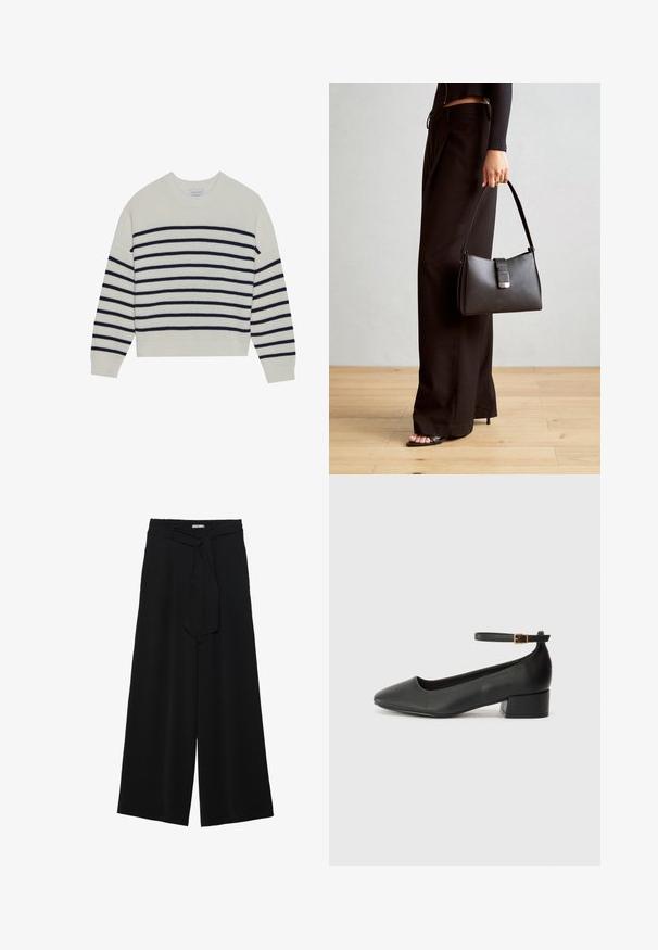 Kremowy sweter w granatowe poziome paski, o prążkowanej strukturze, z okrągłym dekoltem i długimi rękawami. Luźny krój z krótkim fasonem.; Czarne spodnie szerokie z teksturowanej tkaniny, z elastycznym paskiem w talii i odpinanym paskiem w talii dla regulowanego dopasowania.; Czarne skórzane szpilki z ostrym noskiem i niskim słupkowym obcasem. Wyposażone w pasek na kostkę z złotym zapięciem. Gładka tekstura.; Czarna torebka o usztywnionym kształcie, gładkiej fakturze i metalowym zapięciem. Połączona z szerokimi czarnymi spodniami i sandałami na otwartym palcu na drewnianej podłodze.