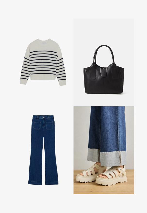 Kremfarget genser med marineblå horisontale striper, ribbestruktur, rund hals og lange ermer. Løs passform med en cropped design.; Jeans i mørkeblå denim med vide ben, glatt tekstur, fem lommer og knappland i midjen.; Beige plattform sandaler med tykke såler har en stropdesign og justerbare ankelstropper. Båret med brede denimbukser, har den ene kanten slitt.; Svart skinn toteveske med jevn tekstur, strukturert form, to håndtak og en fremtredende sølvspenne foran.