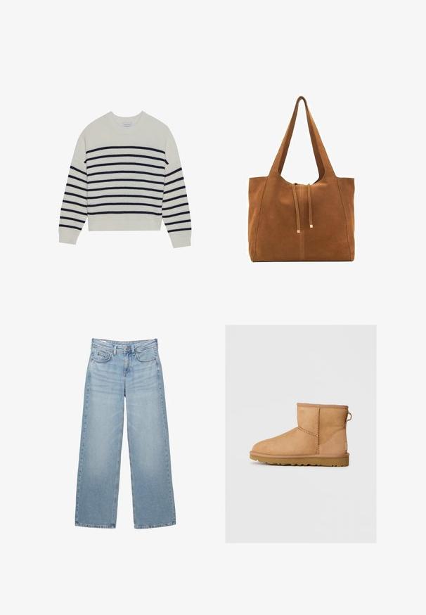 Pulover crem cu dungi orizontale bleumarin, textură canelată, gât tip echipaj și mâneci lungi. Croială relaxată cu un design scurt.; Jeans din denim bleu deschis, cu croială largă și talie înaltă, cu cinci buzunare și ușoare decolorări, prezentând un buton metalic și bucle pentru curea.; Botină din suede bej, cu vârf rotund, detalii cusute, buclă de prindere pe spate și talpă din cauciuc texturat. Proiectată pentru confort și căldură.; Geantă tote din suede maro cu două mânere lungi, închidere prin șnur și un design minimalistic. Textură netedă și fără accente vizibile de hardură.