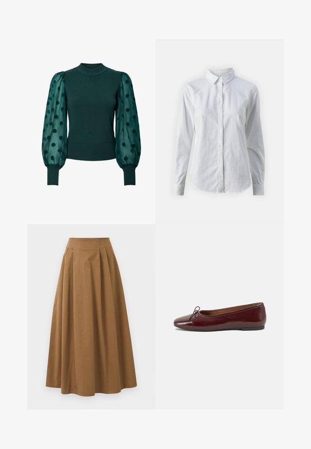 Green ribbed sweater with a high neckline and sheer puff sleeves adorned with black polka dots. Fitted hem and cuffs complete the design.; White button-up shirt made of smooth cotton, featuring a classic collar, long sleeves, and a curved hem. Buttons are small and white.; Brown cotton A-line skirt with a high waist, featuring pleats down the front and a smooth texture. Hem finishes are clean and simple.; Burgundy patent leather ballet flat with a rounded toe, small bow accent at the front, and a low, black rubber sole. Smooth texture.