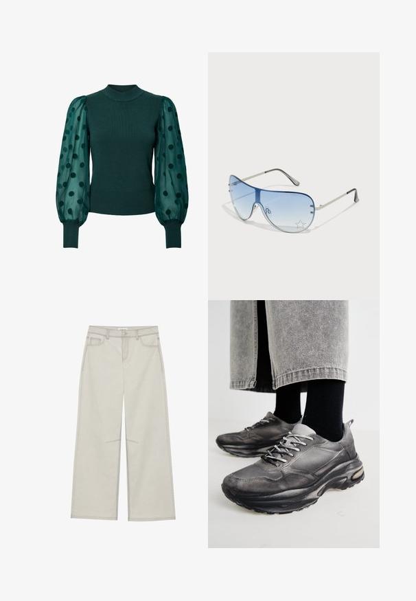Green ribbed sweater with a high neckline and sheer puff sleeves adorned with black polka dots. Fitted hem and cuffs complete the design.; Light gray wide-leg pants with five pockets, front button closure, and contrast stitching along seams. Fabric appears soft and durable.; Black and gray athletic shoes feature a mesh upper, thick soles, and laces. They have a rounded toe and visible cushioning detail.; Aviator sunglasses featuring a gradient blue lens, silver metal frame, and decorative star accents on the lens. Smooth and sleek design.