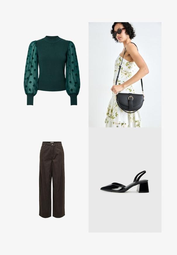 Groene geribde trui met een hoge halslijn en doorzichtige puffmouwen versierd met zwarte stippen. Een strakke zoom en boorden maken het ontwerp compleet.; Wijde broekspijpen in donkerbruin, gemaakt van katoen, met een klassieke tailleband, ritssluiting, vijf zakken en minimalistische stikdetails.; Zwarte gepatineerde leren slingback hakken met een spitse neus en een geometrische blokhak. Kenmerkt zich door een slank, minimalistisch ontwerp en een gladde textuur.; Zwarte leren handtas met een gebogen vorm, afneembare schouderband en gouden hardware. De tas heeft een klep met een gespsluiting.