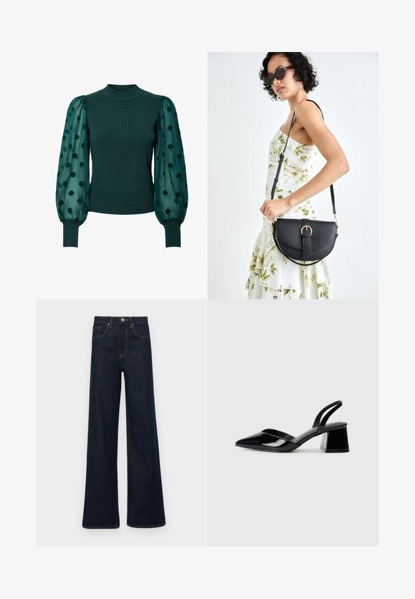 Groene geribde trui met een hoge halslijn en doorzichtige puffmouwen versierd met zwarte stippen. Een strakke zoom en boorden maken het ontwerp compleet.; Donkerblauwe wijde denim jeans met voorzakken, riemlussen en een knoopsluiting.; Zwarte gepatineerde leren slingback hakken met een spitse neus en een geometrische blokhak. Kenmerkt zich door een slank, minimalistisch ontwerp en een gladde textuur.; Zwarte leren handtas met een gebogen vorm, afneembare schouderband en gouden hardware. De tas heeft een klep met een gespsluiting.