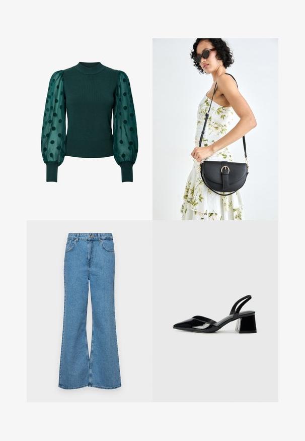 Sweater verde com textura de nervuras, com um decote alto e mangas bufantes transparentes adornadas com bolinhas pretas. O design é complementado por um fundo e punhos ajustados.; Jeans de brim azuis claros, com corte à boca de sino, apresentando uma cintura alta, cinco bolsos e um fecho de botão único. Textura macia com acabamento desbotado.; Sandy em verniz preto com salto slingback, ponta afilada e salto geométrico. Apresenta um design elegante e minimalista com textura suave.; Bolsa de couro preta com forma curva, alça destacável e detalhes em dourado. A bolsa possui uma aba com detalhe de fivela.