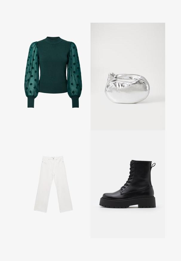 Maglione verde a coste con colletto alto e maniche a sbuffo trasparenti decorate con pois neri. L'orlo e i polsini aderenti completano il design.; Pantaloni larghi in denim bianco con design a cinque tasche, dotati di minuteria metallica e cuciture a contrasto. Texture liscia e vestibilità rilassata.; Stivaletti in pelle nera alla caviglia con punta rotonda, lace-up frontale e suola in gomma spessa con battistrada textured. Tassello sul retro.; Borsa a pochette metallica argentea con una forma morbida e arrotondata e chiusura superiore annodata. Realizzata in materiale sintetico morbido.; Orecchini a cerchio in argento con un design minimalista. Forma circolare, superficie liscia e profilo sottile. Leggeri con una finitura lucida.