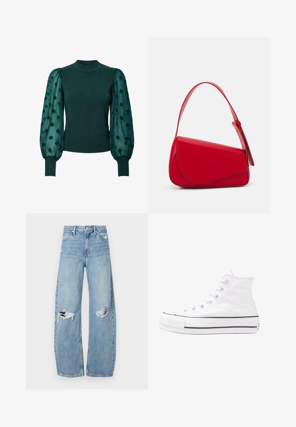 Grønn ribbestrikket genser med høy hals og gjennomsiktige puffermarmer dekorert med svarte prikker. Fitted i nederkant og mansjetter fullfører designet.; Lyseblå høytlivsjeans laget av denim. Har vide bein, to revne knær og klassisk fem-lommers design.; Hvit høy-skinn kanvas sneakers med svart gummisåle, gummitåhette foran og seks hull for snorer, med et rent, minimalistisk design.; Rød lærveske med en vinklet, geometrisk design. Har en enkelt justerbar stropp og en klaffelukking med sydd detaljer.