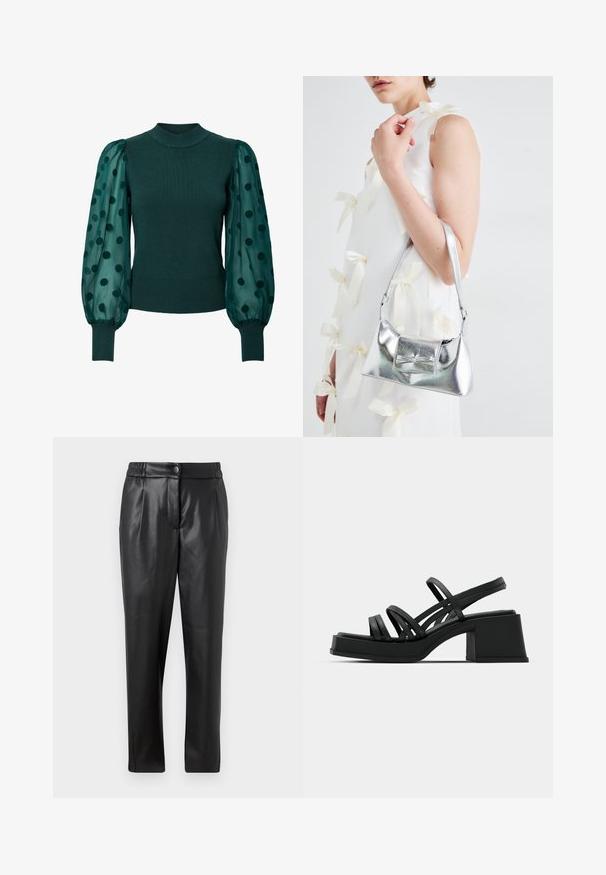 Pulover verde cu dungi, cu un decolteu înalt și mâneci pufoase transparente împodobite cu buline negre. Marginea și manșetele ajustate completează designul.; Pantaloni din piele neagră cu o textură netedă, croială dreaptă, talie elastică și închidere cu nasture frontal; detalii plisate și picioare înguste.; Sandale negre cu toc, dotate cu multiple curele subțiri și un toc bloc lat. Design elegant cu o textură mată. Tălpica are o ușoară curbă.; Geantă metalică argintie cu o formă structurată, având un mâner superior și un detaliu sub formă de fundă pe față. Textură netedă, finisaj reflexiv.