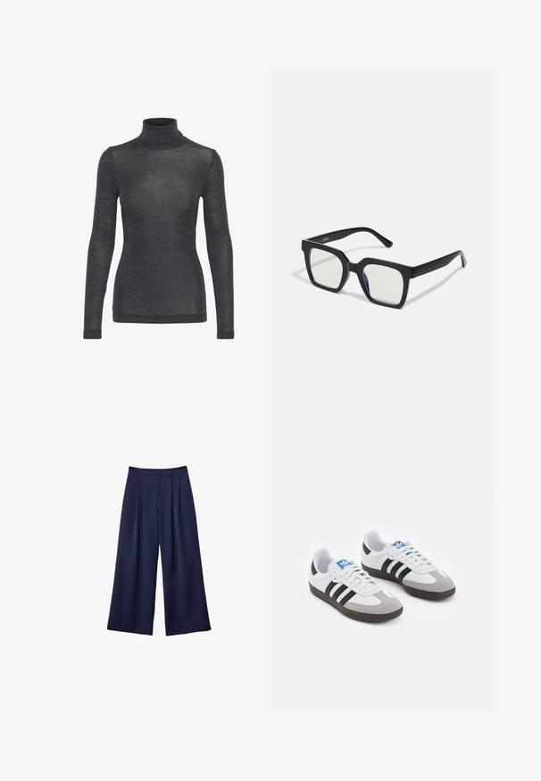 Langärmliger Rollkragenpullover in Dunkelgrau mit glatter Textur und dezentem Glanz, der eine taillierte Silhouette bietet.; Marineblaue weite Hosen mit Falten, Knopfverschluss und Gürtelschlaufen, flach auf einem weißen Hintergrund präsentiert.; Sportschuhe mit einem Obermaterial aus weißem Leder, grauer Wildleder-Zehenkappe und drei schwarzen Streifen. Sie verfügen über ein blaues Logo auf der Zunge und eine strukturierte Gummisohle.; Schwarze quadratische Sonnenbrillen mit matter Oberfläche, die über transparente Gläser und einen leichten blauen Farbton auf einer Seite verfügen. Robustes, kantiges Design.